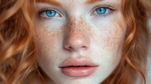 Closeup of redhead girl with freckles. Skincare