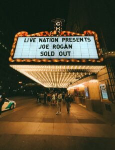 A large marquee sign that says live nation presents joe rogan sold out